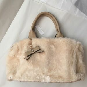 Cream faux fur ribbon tote bag
